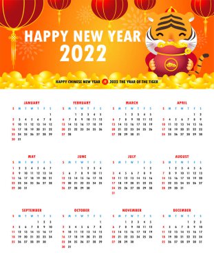 Takvim 2022. Yeni Çin yılın kutlu olsun. Mutlu Çin Yeni Yılı 2022 Kaplan Zodyak Haftası Pazar günü başlıyor. Takvim tasarımı Şablonu İllüstrasyon Vektör Çeviri Yeni Yıl