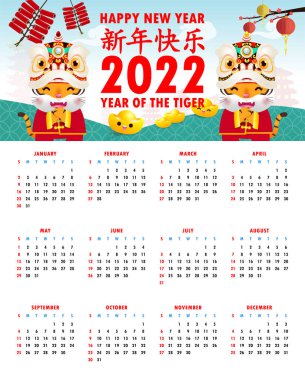 Takvim 2022. Yeni Çin yılın kutlu olsun. Mutlu Çin Yeni Yılı 2022 Kaplan Zodyak Haftası Pazar günü başlıyor. Takvim tasarımı Şablonu İllüstrasyon Vektör Çeviri Yeni Yıl