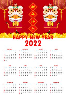 Takvim 2022. Yeni Çin yılın kutlu olsun. Mutlu Çin Yeni Yılı 2022 Kaplan Zodyak Haftası Pazar günü başlıyor. Takvim tasarımı Şablonu İllüstrasyon Vektör Çeviri Yeni Yıl