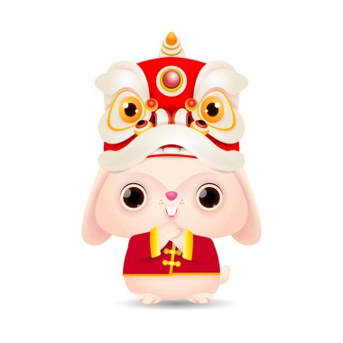 Mutlu Çin yeni yılı 2023 tebrik kartı, tavşan burcunun yılı, aslan danslı küçük tavşan selamı, gong xi fa cai, takvim, çizgi film izole edilmiş beyaz arka plan çizimi