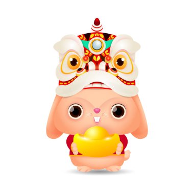 Mutlu Çin yeni yılı 2023 tebrik kartı, Sevimli küçük tavşan ve aslan dansı Çin altınlı Ingots, tavşan burcu yılı, küçük tavşan gong fa cai, karikatür izole beyaz arka plan