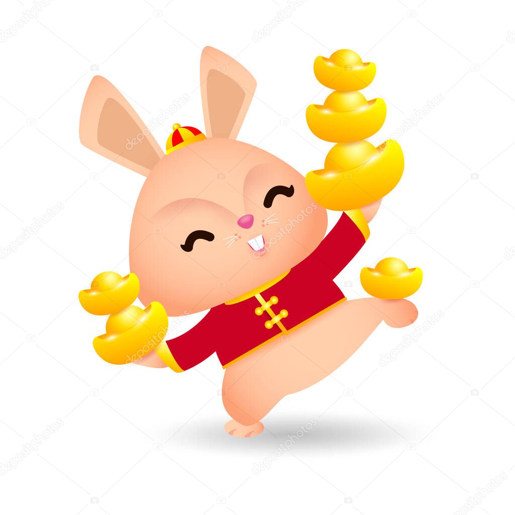 2023 Chinese new year, little rabbit with chinese gold Ingots, gong xi fa cai, year of the rabbit zodiac of Animal lucks Cartoon vector illustration isolated on white background.