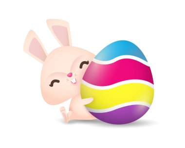 Mutlu Paskalya Tavşanı, boyalı yumurta ve beyaz arkaplan vektör çiziminde izole edilmiş afiş şablonu.