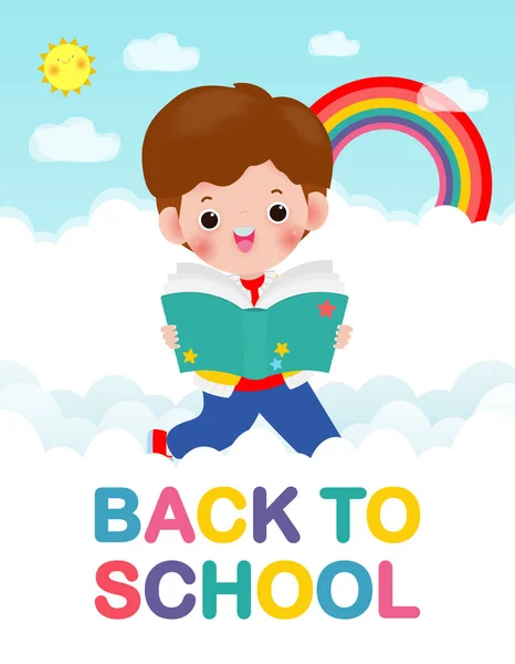 学校に戻る読書本の教育の概念 漫画の幸せな子供の背景バナー広告パンフレットのためのテンプレート あなたのテキスト 子供とフレーム孤立ベクトルイラスト — ストックベクタ