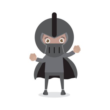 Beyaz arka planda izole edilmiş çizgi roman kostümleri giyen süper kahraman çocukların vektör çizimi