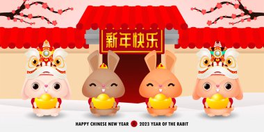 Çin altınları taşıyan dört küçük tavşan Çin Yeni Yılı 2023 tavşan zodyak, gong xi fa cai karikatürü arka plan vektör çizimlerinde izole edilmiş, çeviri mutlu Çin Yeni Yılı