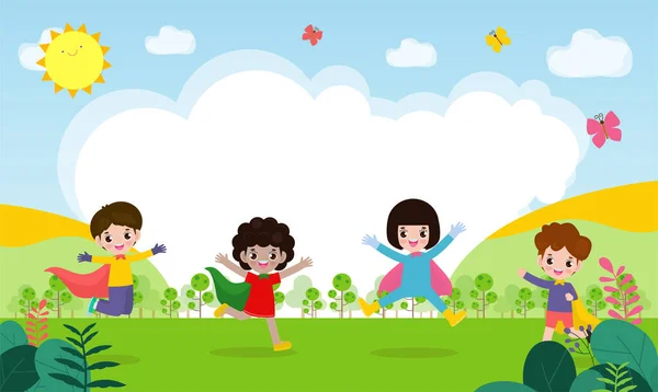 Superhéroe Niños Patio Recreo Plantilla Para Folleto Publicidad Texto Cute — Vector de stock