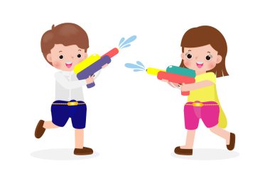 Songkran festivali su tabancası tutan genç çift Tayland Geleneksel Yeni Yıl Vektör İlülasyonu Tayland seyahat afişi izole bir arka plan, Çeviri Songkran