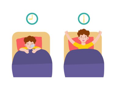 Mutlu adam gerinme yatağında uyanıyor. Ve uyuyor. Günaydın ve iyi geceler. İnsanlar sağlıklı yaşam tarzı konsepti. düz stil karakter tasarımı Vektör illüstrasyonu izole edildi 