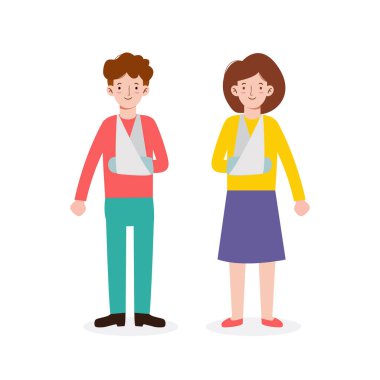 Kırık kollu bir kadın ve erkek. Sağlık hizmetleri hastane konsepti. Klinik. Beyaz arkaplanda izole edilmiş vektör düz çizgi film karakter tasarımı çizimi