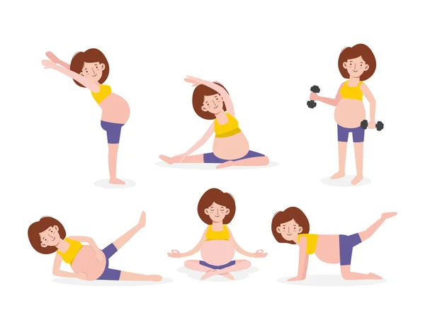 Set Happy Pregnant Woman Exercising Prenatal Exercise Healthy Lifestyle Concept — Stock Vector