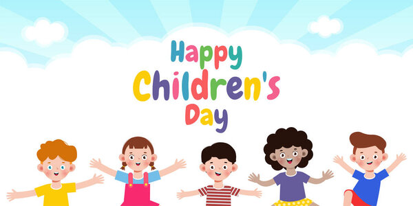 Happy children's day banner Template background, kids jumping and dancing and playing together, advertising brochure, your text, flat Funny cartoon isolated vector Illustration