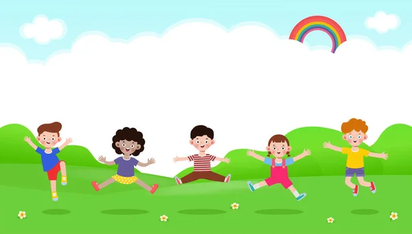 Niños Felices Saltando Bailando Juntos Parque Actividades Para Niños Niños — Vector de stock