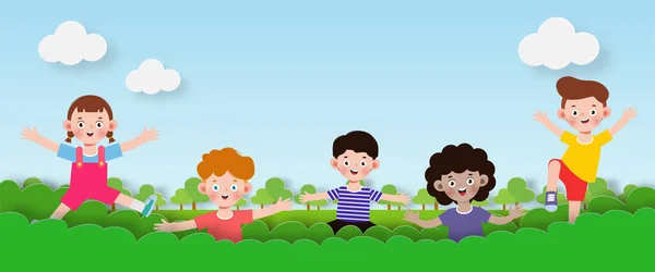 Trampoline jumping. Children sport games. Happy cartoon kids have fun. By  ONYX