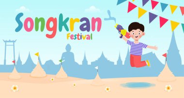 Songkran festivali afişi su tabancası tutan ve zıplayan çocukları Songkran festivalinde su sıçratmanın keyfini çıkarıyor, Tayland Geleneksel Yeni Yıl Vektör İlülasyonu arka planda izole edildi