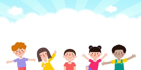 ハッピーキッズ屋外バナーテンプレートの背景を再生し 子供たちが一緒にジャンプ 広告パンフレット あなたのテキスト フラット面白い漫画孤立ベクトルイラスト — ストックベクタ