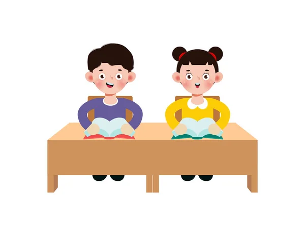 Zurück Zur Schule Grundschule Niedliche Asiatische Schüler Sitzen Schreibtisch Grundschulbildung — Stockvektor