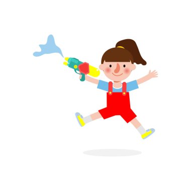 Songkran festivali çocukları su tabancası ve zıplamayla Songkran Tayland Geleneksel Yeni Yıl Vektör İlülasyonu 'nda beyaz arka planda izole edilmiş suyun keyfini çıkarıyorlar.