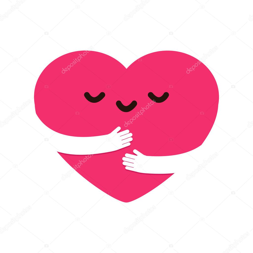 Cute Cartoon Heart Character Hug. Icon Kawaii heart with hugging arms. Love yourself, Self care and happiness isolated on white background vector illustration.