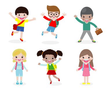 Bir grup mutlu çocuk okula, okula, eğitim konseptine, okul çocuklarına gidiyor.