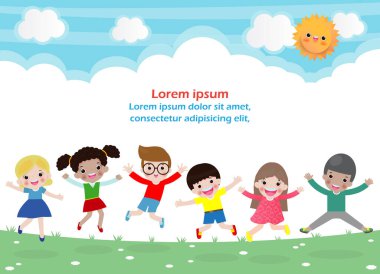 Çocuklar parkta zıplıyor, çocuklar neşeyle zıplıyor, oyun parkında oynayan mutlu çizgi film çocuğu, reklam broşürü için izole edilmiş arka plan şablonu,