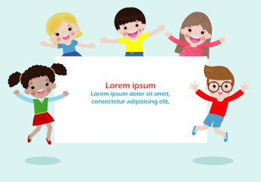 Boş tabela tutan mutlu çocuklar. Reklam broşürü için şablon. Mesajınız için hazır. Metin için boşluk. çizgi film çocuk karakteri. Vektör çizimi 