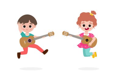 Beyaz arkaplanda gitar çalan çocukların vektör çizimi izole edildi