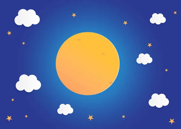 Lua Estrelas Meia Noite Papel Arte Estilo Fundo Plano Design —  Vetores de Stock