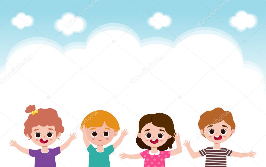 Happy Kids Playing Outdoor banner Template background, children jumping together, advertising brochure, your text, flat Funny cartoon isolated vector Illustration