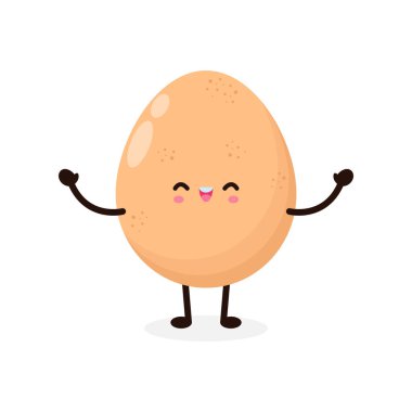 Komik çizgi film Sevimli mutlu tavuk yumurtası gülümseyen kawaii, sağlıklı yiyecek konsepti, ikon çizgi roman karakteri Vector düz tasarım çizimi beyaz arka planda izole edilmiş.