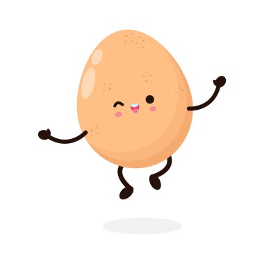 Komik çizgi film Sevimli Mutlu Tavuk Yumurtası Atlama, sağlıklı yiyecek konsepti, Beyaz arka planda izole edilmiş ikon çizgi roman karakteri Vector düz tasarım çizimi