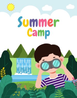 Çocuklar için yaz kampı afişi, reklam broşürü ya da poster için geçmiş eğitimi, kampta faaliyet gösteren mutlu çocuklar, afiş metniniz, Vector Illustration 