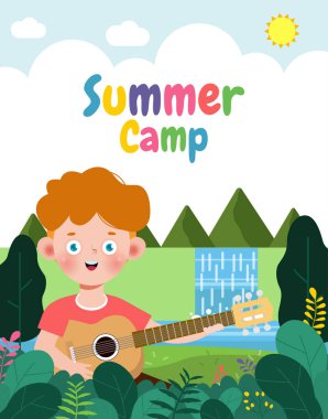 Çocuklar için yaz kampı afişi, reklam broşürü ya da poster için geçmiş eğitimi, kampta faaliyet gösteren mutlu çocuklar, afiş metniniz, Vector Illustration 