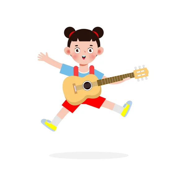 可爱的孩子会跳吉他 快乐的孩子会弹吉他 音乐表演 白色背景上的孤立向量说明 卡通平面风格 — 图库矢量图片