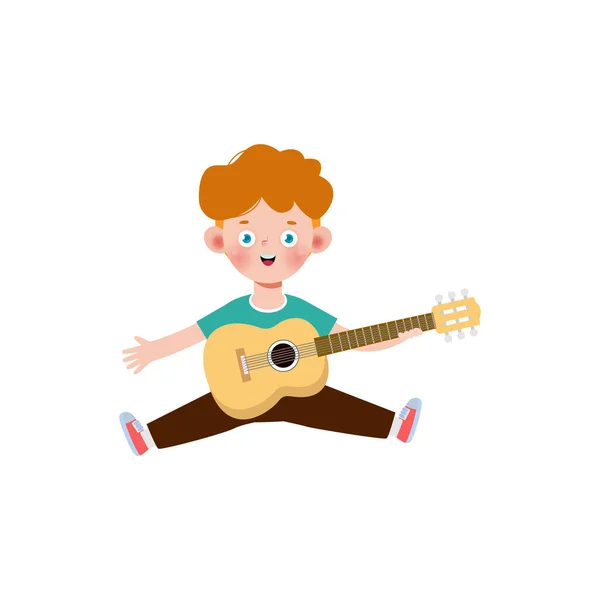 Милый Ребенок Прыгает Гитаре Счастливый Мальчик Играет Гитаре Музыкальное Представление — стоковый вектор