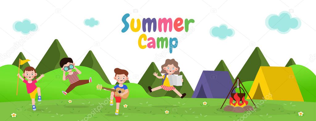 kids summer camp banner template background education for advertising brochure or poster, happy children doing activities on camping, poster flyer your text ,Vector Illustration 