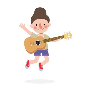 Gitar çalan sevimli çocuk, gitar çalan mutlu çocuklar. Müzikal performans. Beyaz arka planda izole edilmiş vektör illüstrasyonu. Çizgi film düz stiliyle