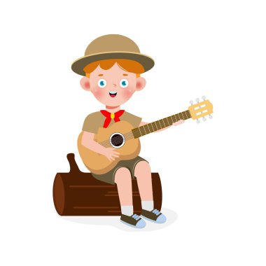 Mutlu küçük çocuk erkek izci üniforması giyiyor, izci kız izci kız çizgi film karakteri beyaz arka planda izole edilmiş vektör çizimi