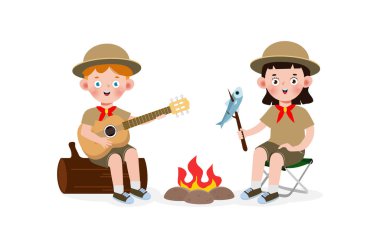 Mutlu küçük çocuk erkek izci üniforması giyiyor, izci kız izci kız çizgi film karakteri beyaz arka planda izole edilmiş vektör çizimi