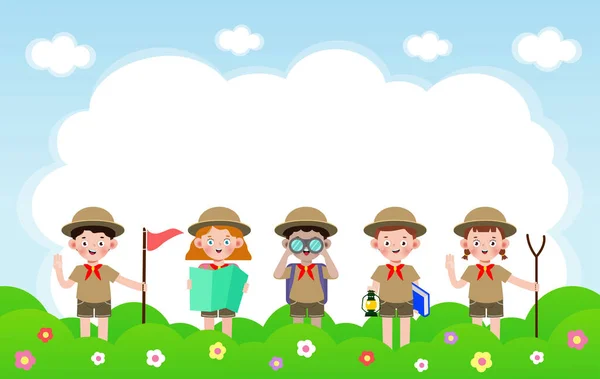 夏令营的孩子们穿着童子军荣誉制服的旗帜模板背景教育的广告小册子海报 快乐的孩子们在露营活动 传单你的文字 平面矢量插图 — 图库矢量图片