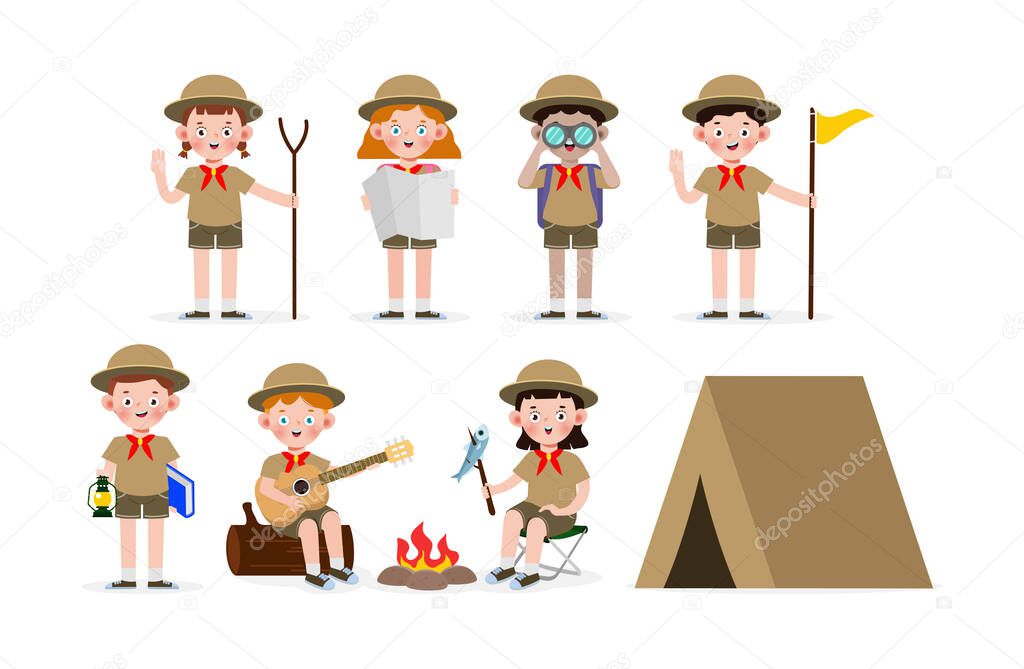 Set Of Cute Little Kids Wear Scout honor uniform, Boy Scouts playing guitar around the campfire, Children Girl Scouts Roasting Fish on campfire, camping tent  isolated on white background