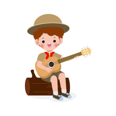 Mutlu küçük çocuk izci üniforması giyiyor, izci kız izci kız çizgi film karakteri beyaz arka planda izole edilmiş vektör çizimi