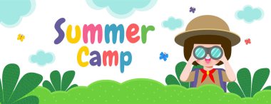 summer camp banner template background kids wear scout honor uniform, education for advertising brochure poster, happy children doing activities on camping, flyer your text , flat Vector Illustration 