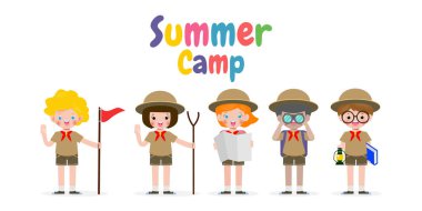summer camp banner template background kids wear scout honor uniform, education for advertising brochure poster, happy children doing activities on camping, flyer your text , flat Vector Illustration 