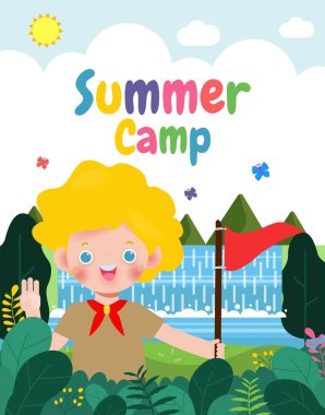 summer camp banner template background kids wear scout honor uniform, education for advertising brochure poster, happy children doing activities on camping, flyer your text , flat Vector Illustration 