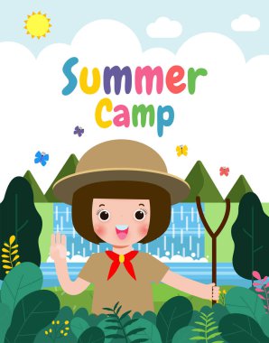 yaz kampı afiş şablonu arka plan çocukları izci üniforması giyer, reklam broşürleri için eğitim alır, mutlu çocuklar kampta etkinlik yapar, mesajınızı yazar, düz vektör ilülasyonu yapar. 