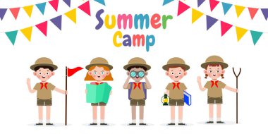 summer camp banner template background kids wear scout honor uniform, education for advertising brochure poster, happy children doing activities on camping, flyer your text , flat Vector Illustration 