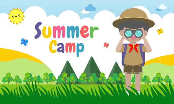 yaz kampı afiş şablonu arka plan çocukları izci üniforması giyer, reklam broşürleri için eğitim alır, mutlu çocuklar kampta etkinlik yapar, mesajınızı yazar, düz vektör ilülasyonu yapar. 