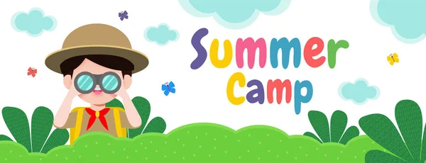Summer Camp Banner Template Background Kids Wear Scout Honor Uniform — Stock Vector