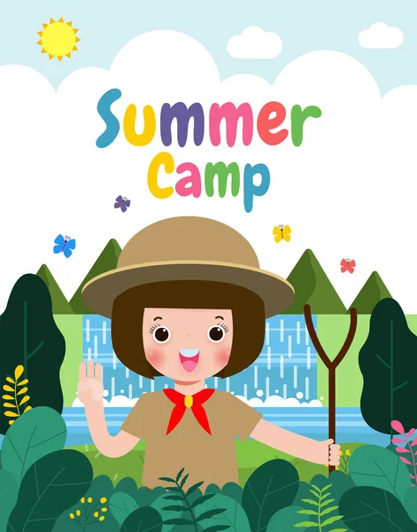 yaz kampı afiş şablonu arka plan çocukları izci üniforması giyer, reklam broşürleri için eğitim alır, mutlu çocuklar kampta etkinlik yapar, mesajınızı yazar, düz vektör ilülasyonu yapar. 